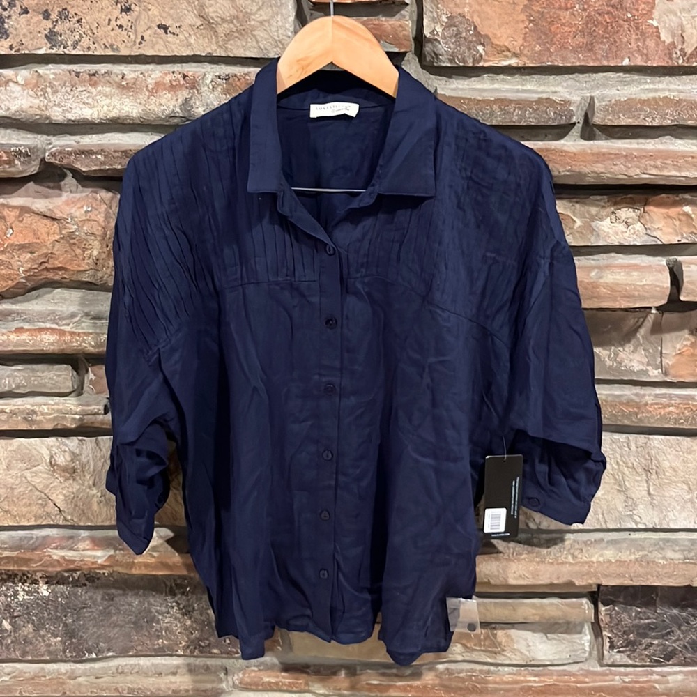 Lovestitch All Day Essential Sheer Navy Button Up Top 3/4 Sleeve